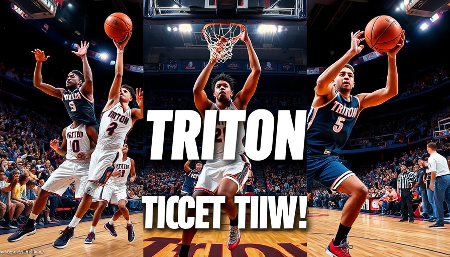 Promotional graphic for Triton Basketball Season Tickets displaying players in action.