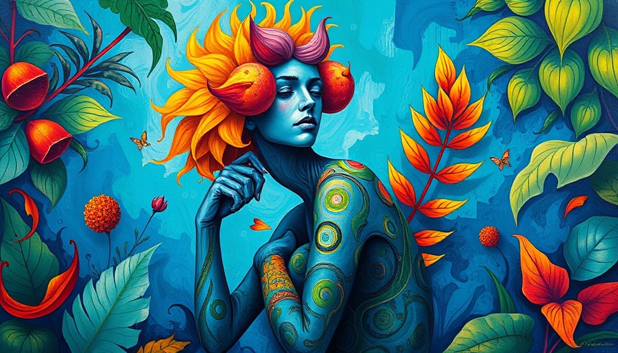 Emotional Healing Through Grief: Abstract figure in colorful foliage.