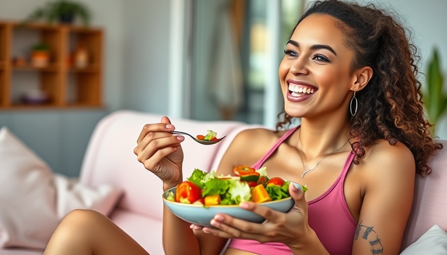 Fit woman enjoying a colorful salad on a couch, high protein summer recipes.