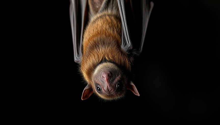 Close-up of a bat hanging upside down in Oceanside.