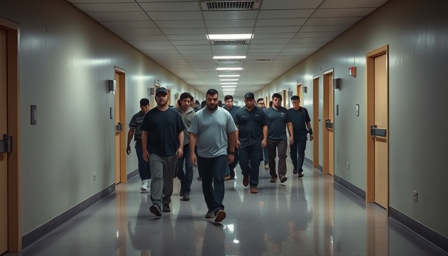 Detainees walk in detention center highlighting immigrant rights.