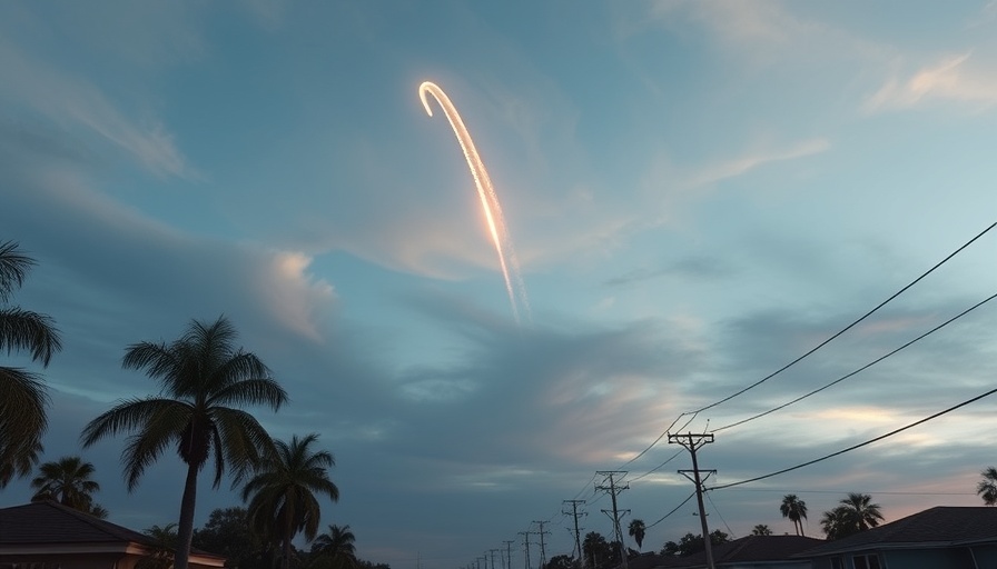 SpaceX launch power outage visible as a rocket trail in the evening sky.