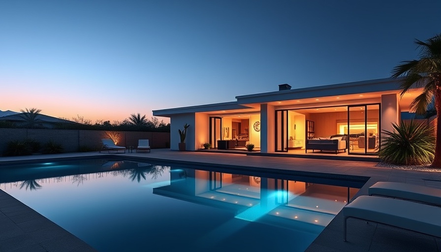 Modern one-story home with pool at dusk, showcasing Compass Intelligence in real estate.