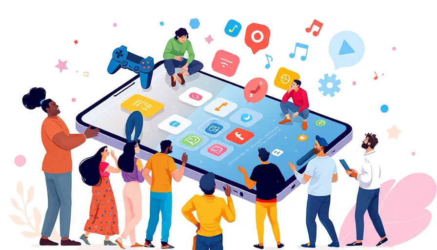Illustration of cross-platform development frameworks with people and smartphone.