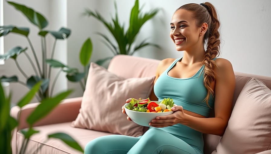 Fit woman enjoying high protein summer salad, bright room.
