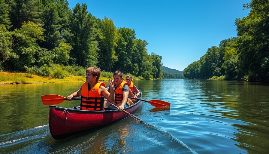 Canoeing group on river through lush forest, sunny day.