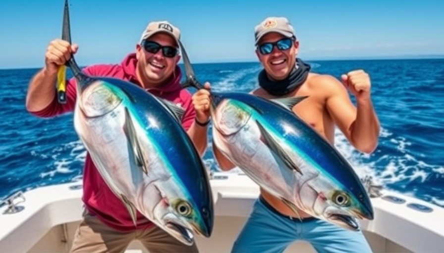 Excited anglers with bluefin tuna during fishing trip in San Diego.