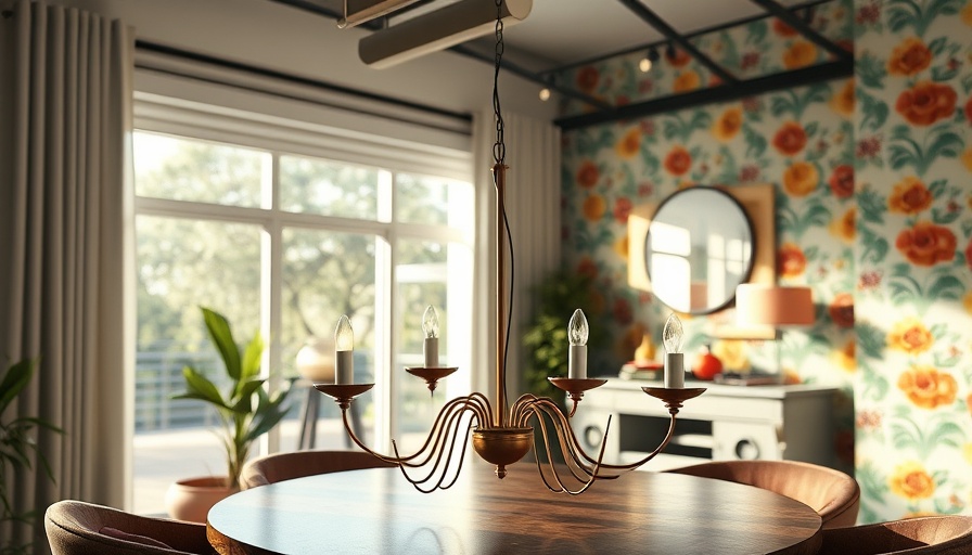 Modern room with chandelier parts on table, colorful wallpaper.