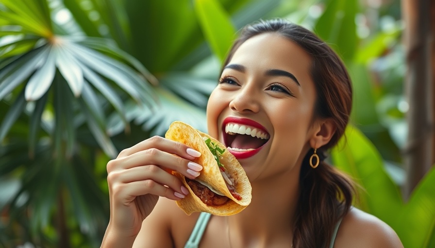 Woman enjoying a taco in a tropical setting during DineLA Summer 2025.