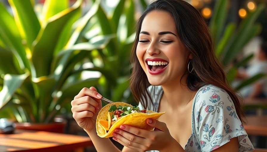 Joyful woman enjoying taco during DineLA Summer 2025 event.