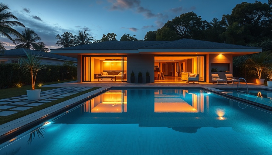 Modern one-story home in North County San Diego real estate, twilight poolside view.