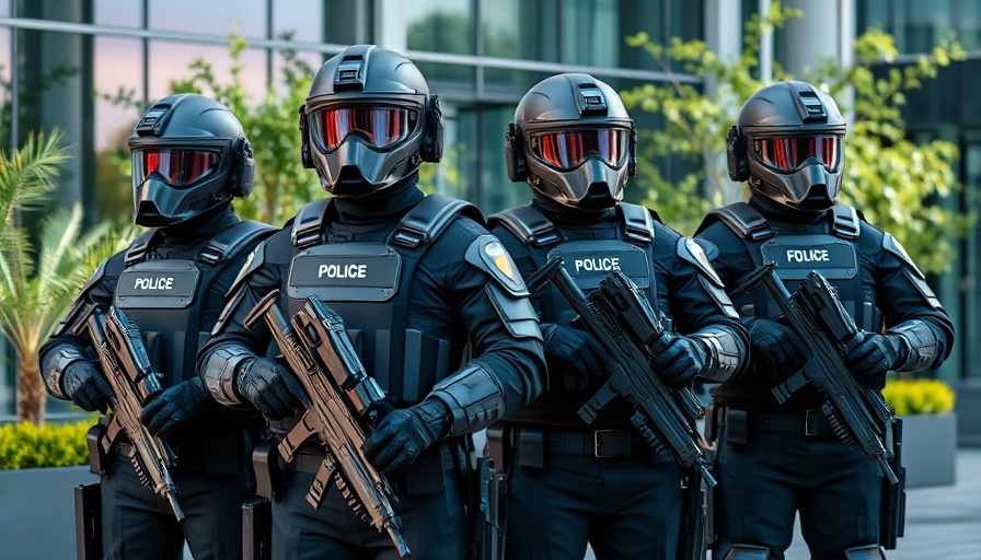Heavily armored officers guard outside Federal Building, ICE context.