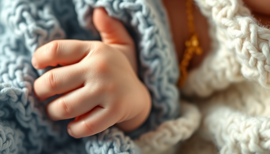 Infant hand with necklace wrapped in soft blue blanket