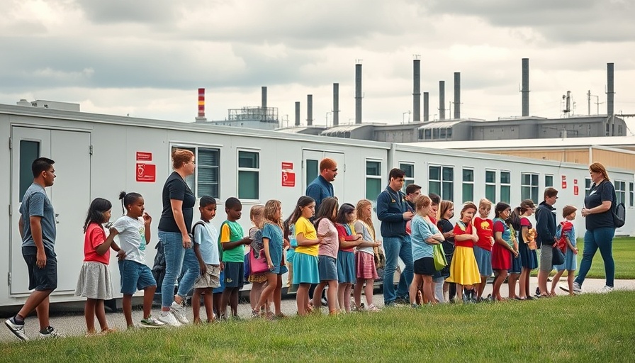 California federal funding schools: children outside modular classroom.