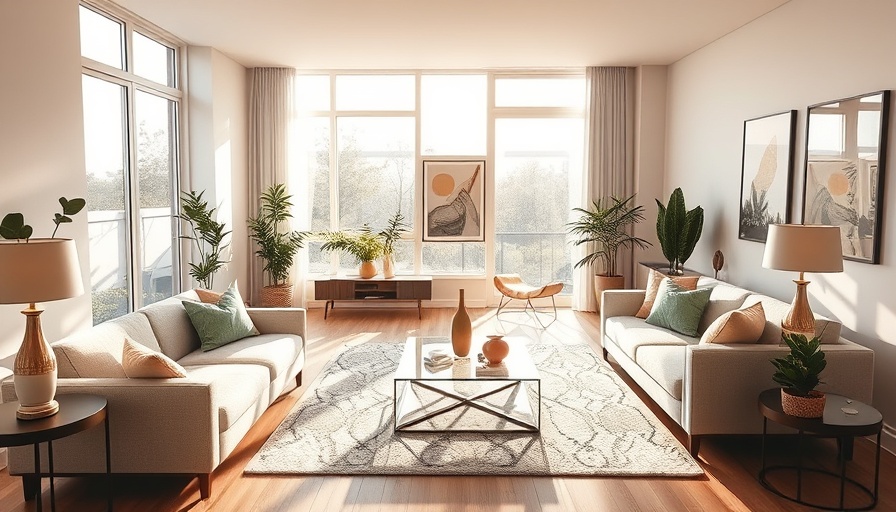 Cozy modern living room, stylish furniture, morning light streaming