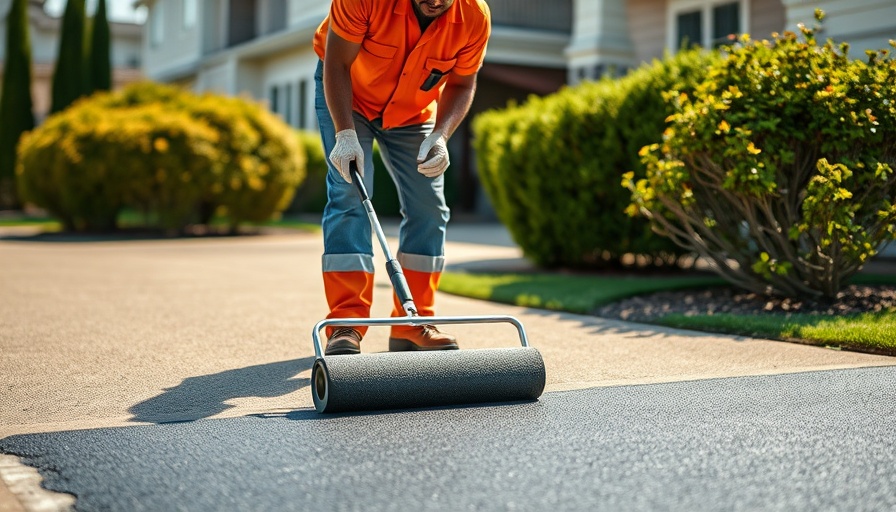 Male worker expertly sealing driveway in suburban neighborhood.