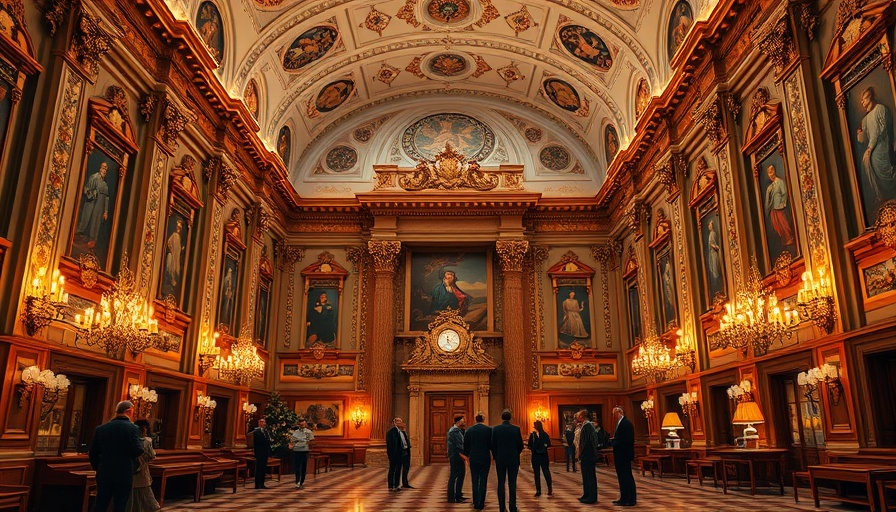 California legislative building interior with festive decor.