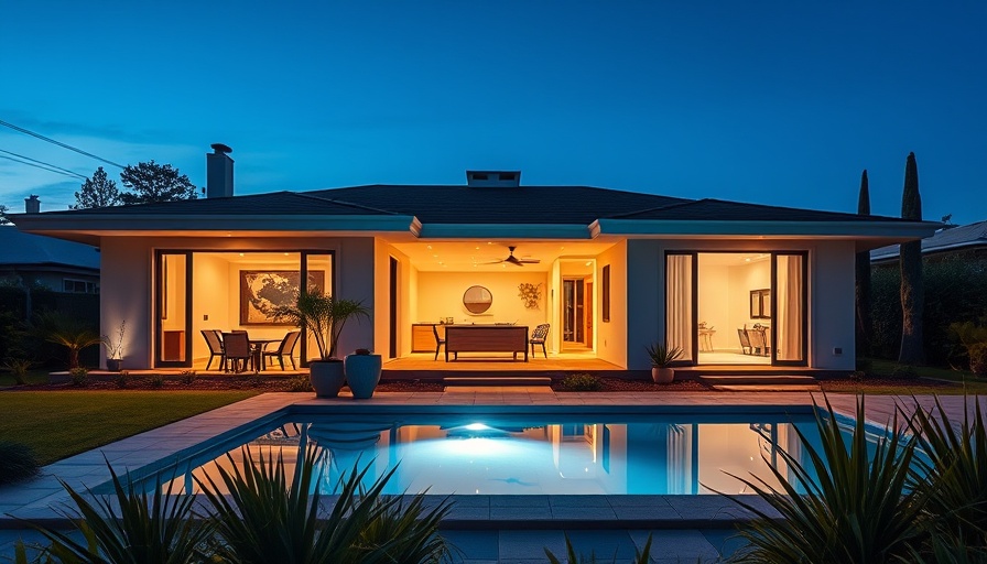 Modern one-story home for sale in North County San Diego, inviting evening ambiance.