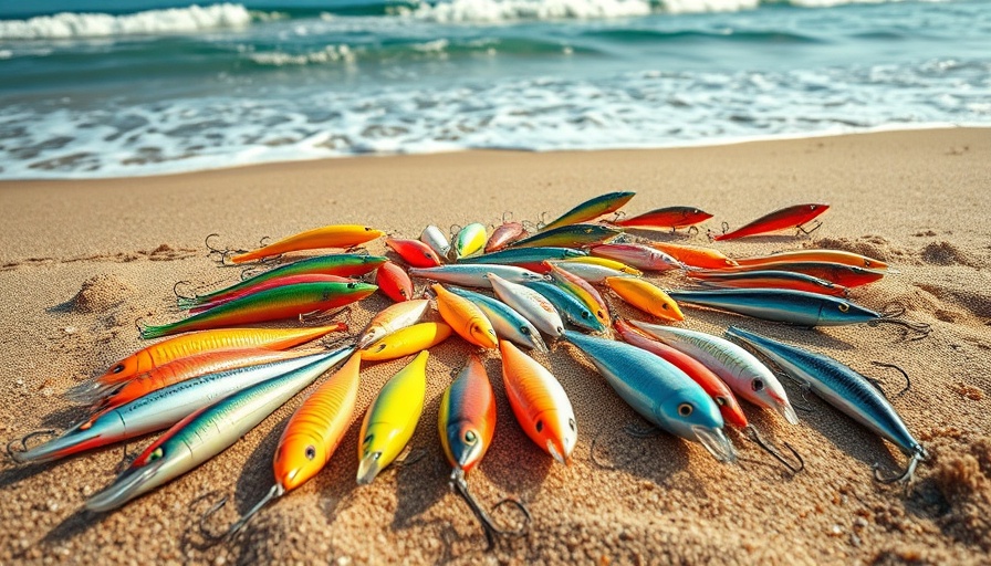 Surfcasting techniques: colorful fishing lures on sandy beach with ocean waves.