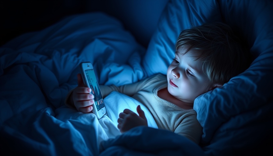 Child using smartphone in bed at night with dim lighting.