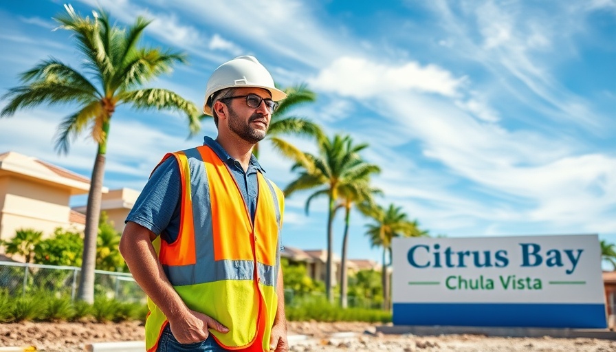 Construction worker at Citrus Bay site in San Diego under clear blue sky.