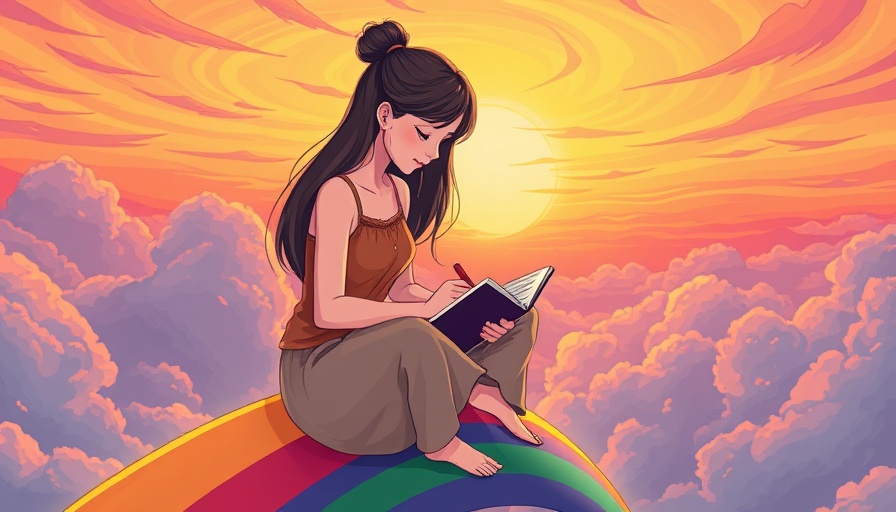 Serene woman journaling on rainbow, colorful swirling sky backdrop.