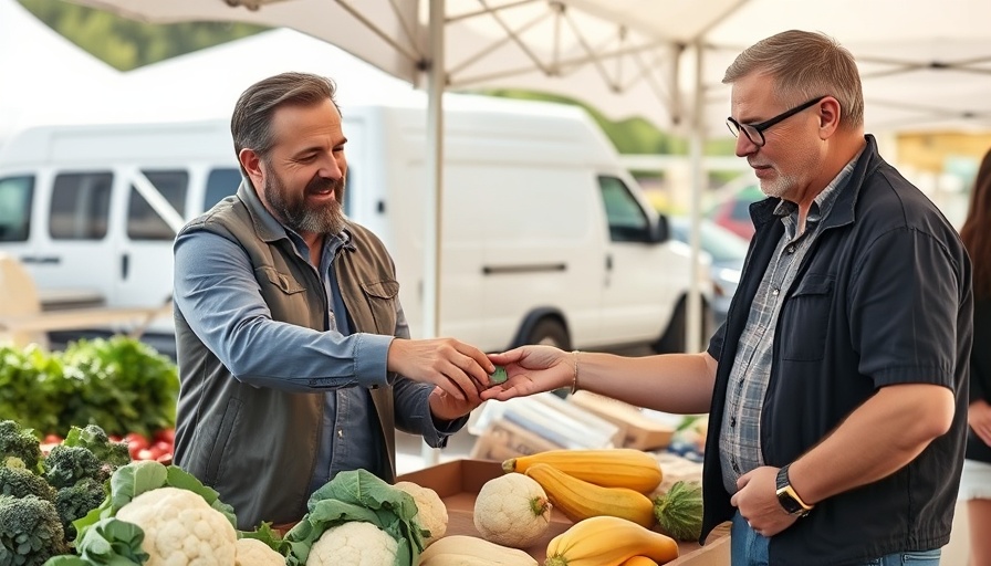 Men exchanging money for produce at a California farmer's market, related to food stamp privacy.