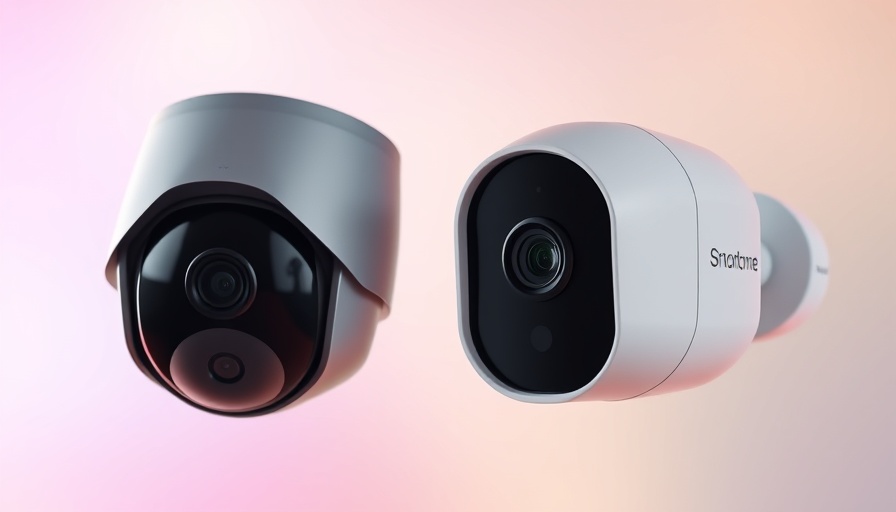 Smart home security cameras with a colorful gradient backdrop.