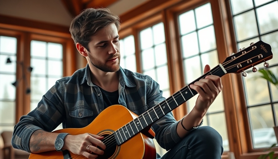 Scotty Hasting with guitar, reflecting songwriting wisdom.