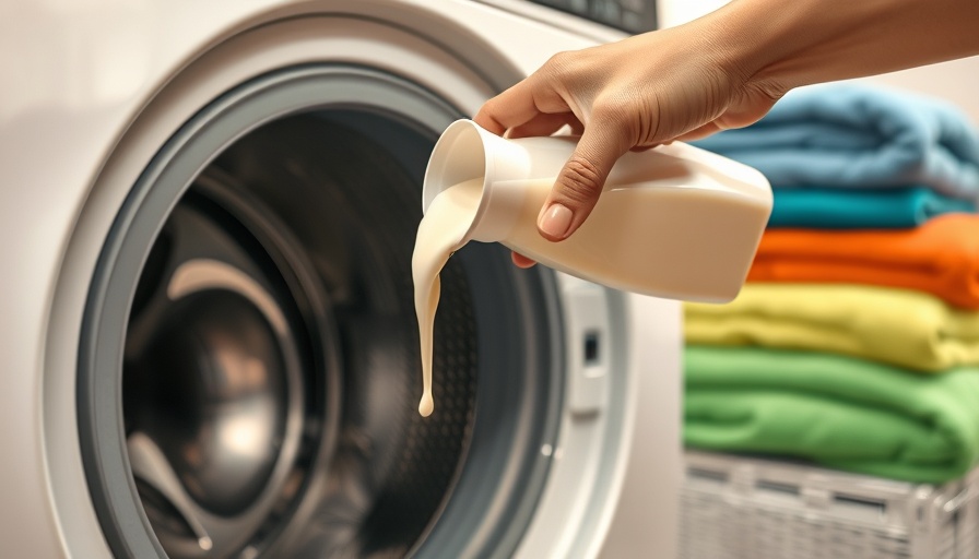Close-up pouring fabric softener into washing machine compartment.