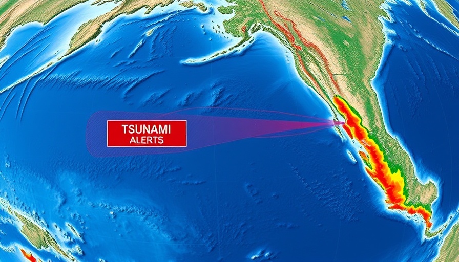 Digital map of coastal tsunami alert zones in Pacific Ocean.