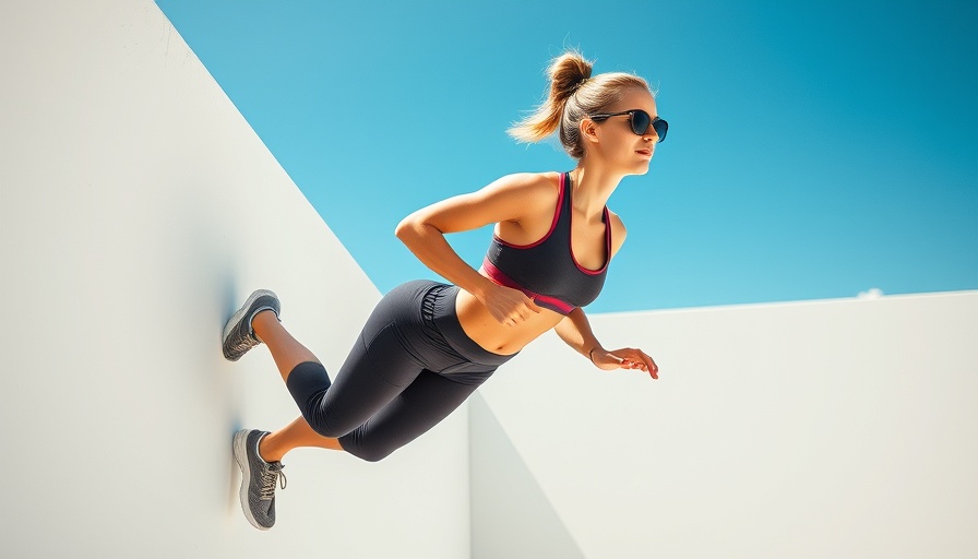 Woman demonstrating wall walk exercise outdoors.
