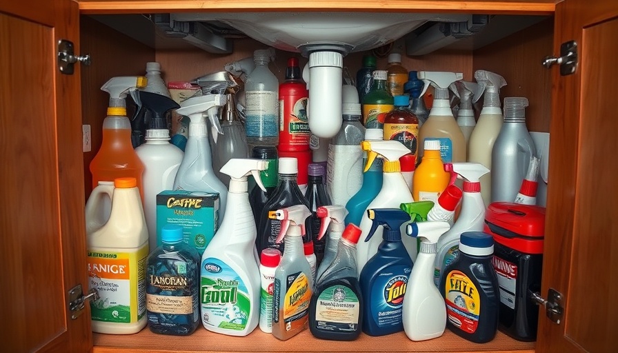 Cluttered under-sink storage with cleaning supplies, showcasing disorganized space before under-sink organization solutions.