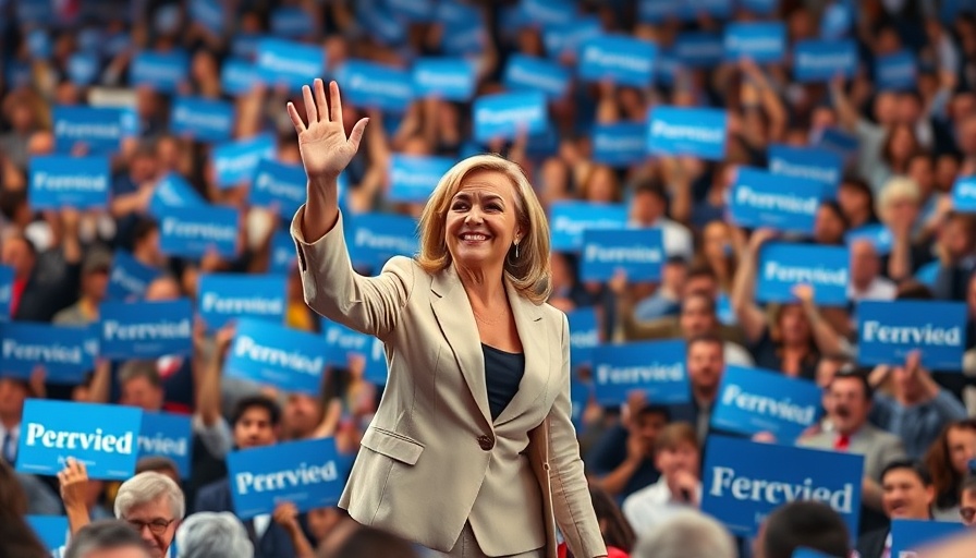 Kamala Harris at a vibrant political rally, addressing a crowd.