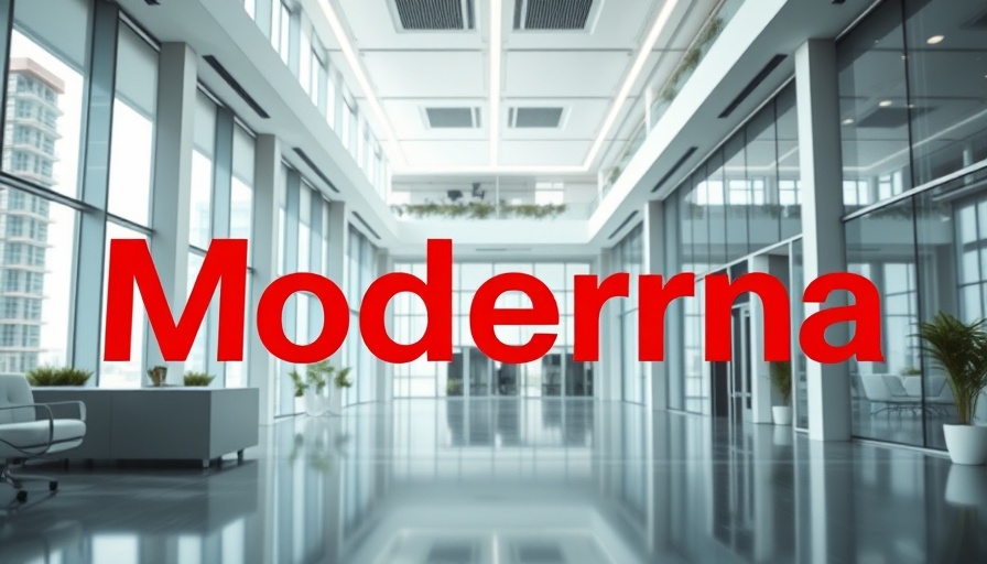 Moderna logo in modern office interior, symbolizing workforce reduction 2025.