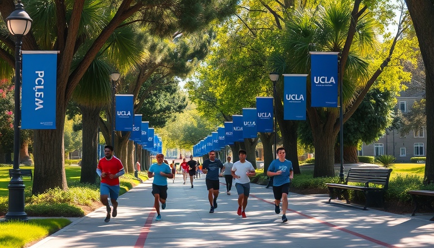 Sunny UCLA campus pathway with joggers, highlighting vibrant campus life.