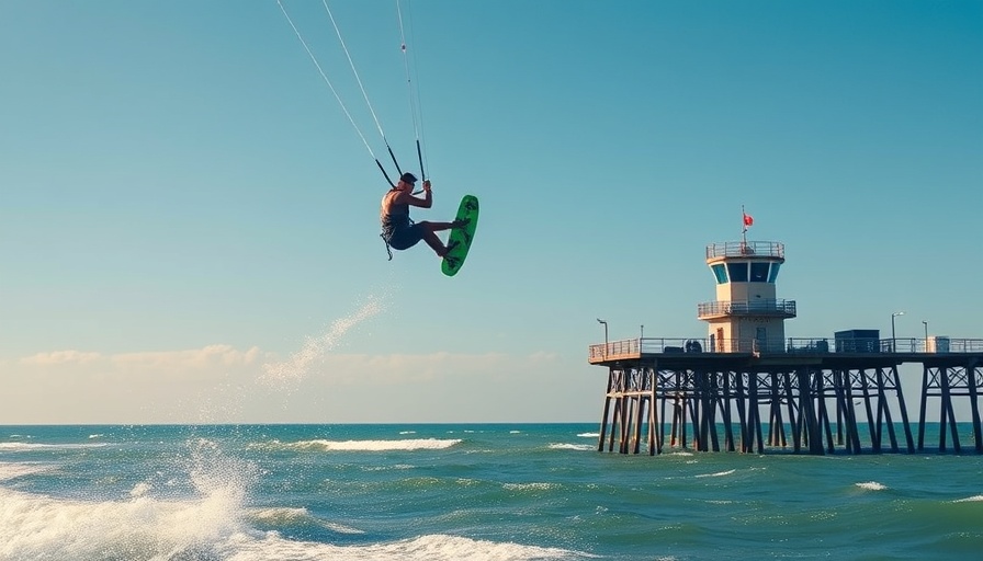 Kite surfer near Seal Beach pier performing aerial trick.