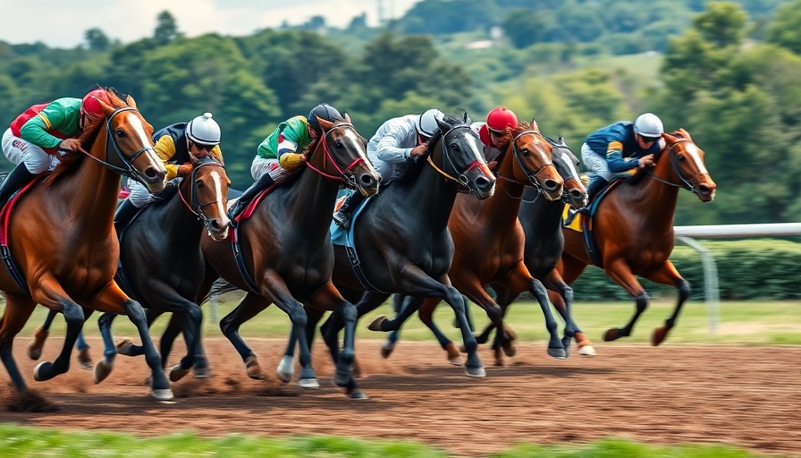 Horses racing in Clement Hirsch Stakes with jockeys on track