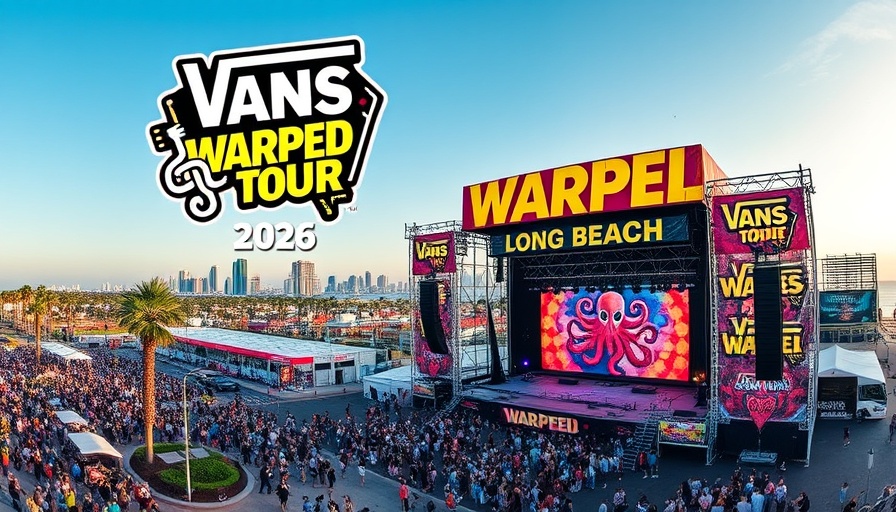 Warped Tour 2026 Long Beach poster with festival backdrop.