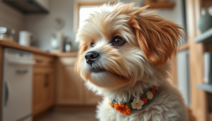 Fluffy dog in kitchen for San Jose fitness tips inspiration.