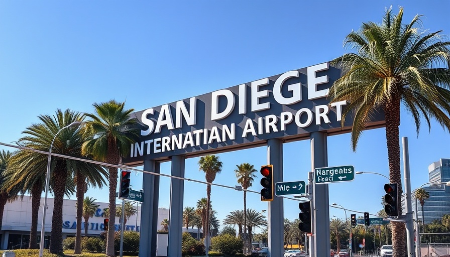 San Diego International Airport sign with palm trees.