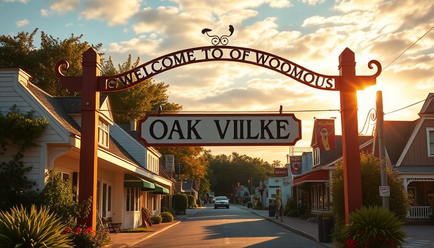 Entrance to Oak Bluffs sign on Martha's Vineyard, street view with shops.