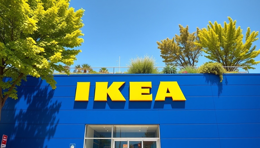 IKEA store exterior with vivid logo and greenery.