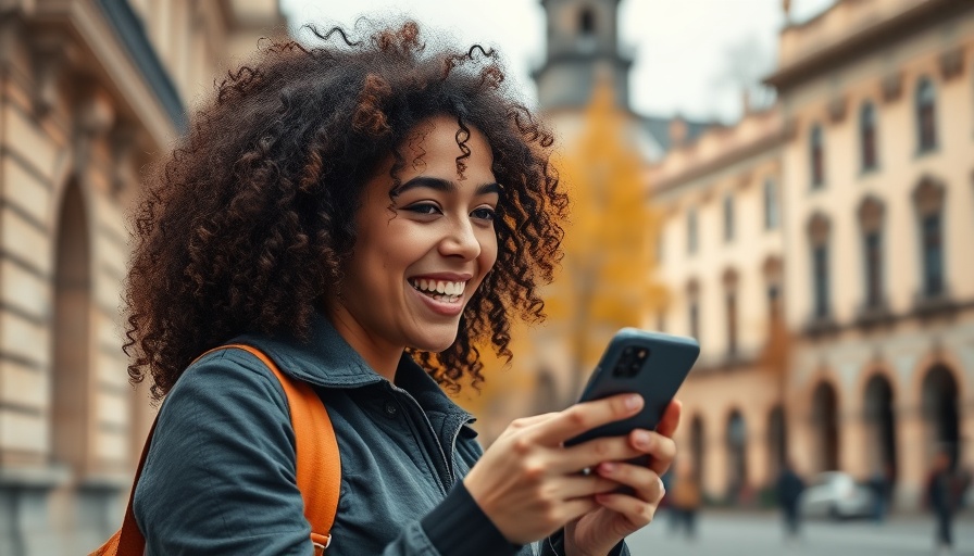 Happy young woman outdoors holding a smartphone, urban background.