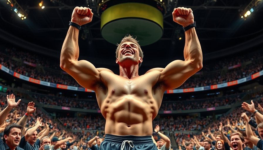 Muscular athlete triumphs at 2025 CrossFit Games, celebrating victory.