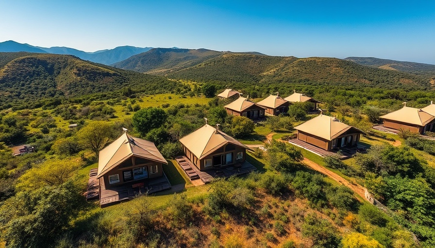 South Africa glamping site with safari tents in lush landscape.