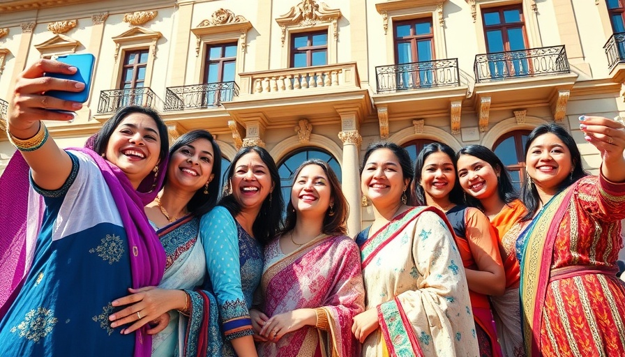 Smiling female tour guides in Afghanistan outside historic building.