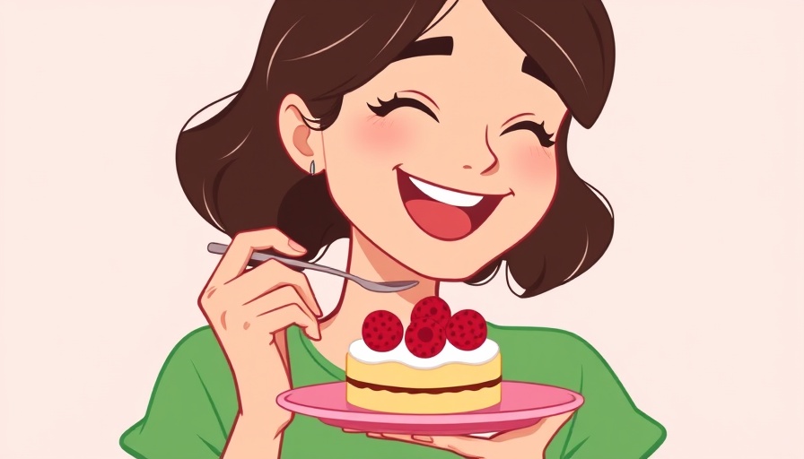 Illustration of a woman enjoying dessert with raspberries, healthy lifestyle.