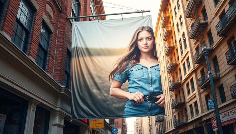 American Eagle advertisement banner featuring a young woman with denim, urban setting.