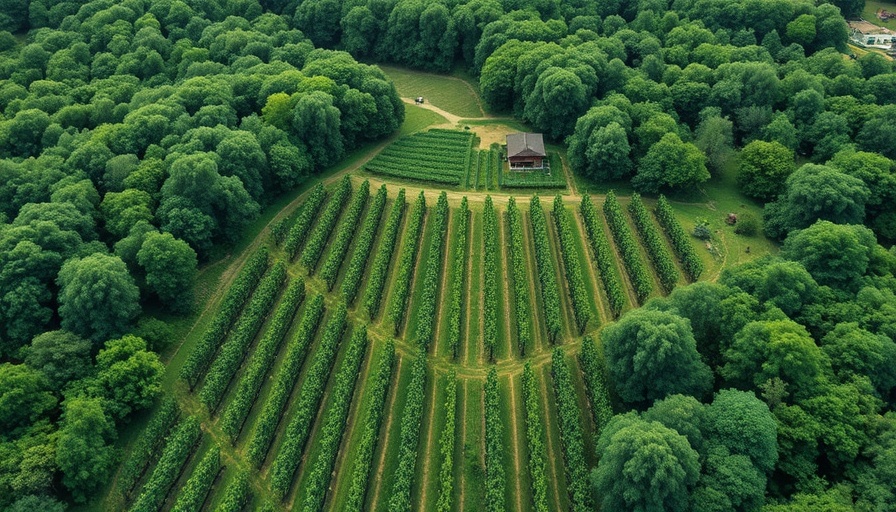 Aerial view of Savannah Chanelle Vineyards amid forested landscape